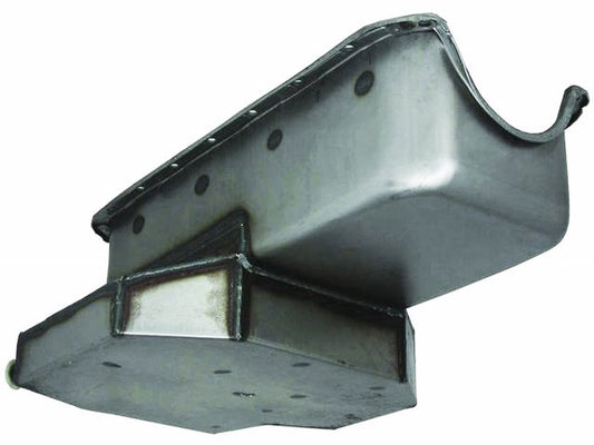 Unplated (Raw) Steel Champion Style Oil Pan, 7" Deep, 6 Trap Doors, 2 Runners & 3 Crank Scrappers
Fits 1955-79 S/B Chev 283-350, Dipstick on Passengers Side