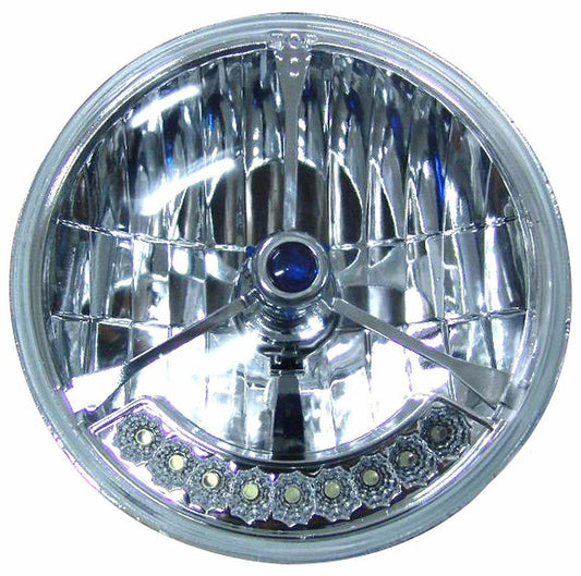 7" H4 Headlight
With 9 Led Amber Turn Signal, Tri-Bar & Blue Dot