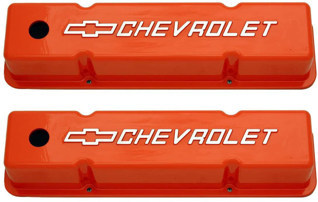 Fabricated Orange Aluminium Tall Valve Cover for S/B Chev with Chev Logo