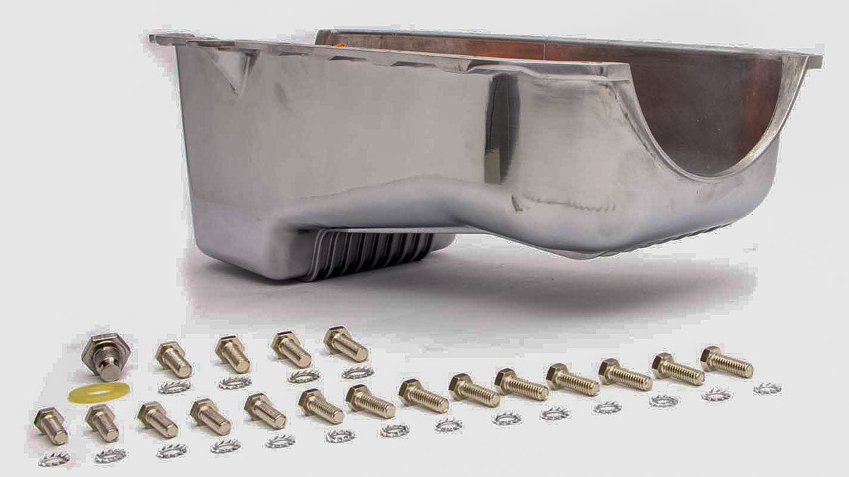 Polished Aluminium Stock Oil Pan, 3.7Ltr Capacity, Finned
Fits 1986-on (Driver Dipstick) S/B Chev 283 - 400, Drain Plug & Mounting Bolts Included