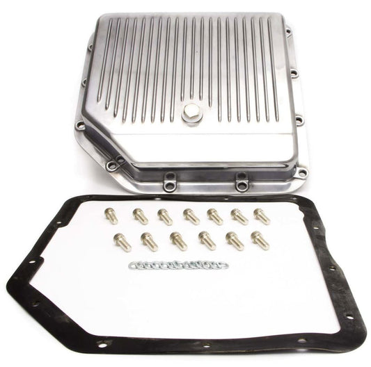 Polished Aluminium Transmission Pan, Finned  Fits GM Turbo 350 (Stock Depth), Drain Plug, Gasket & Bolts Included