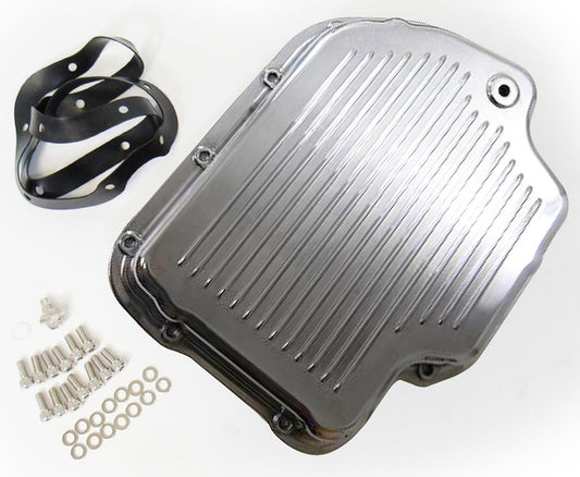 Polished Aluminium Transmission Pan, Finned  Fits GM Turbo 400 (Stock Depth), Drain Plug, Gasket & Bolts Included