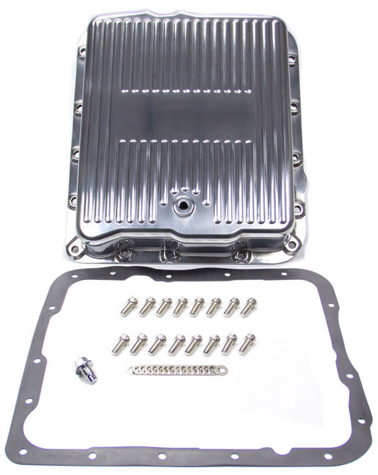 Polished Aluminium Transmission Pan, Finned  Fits GM Turbo 700R4 & 4L60 (Stock Depth), Drain Plug, Gasket & Bolts Included