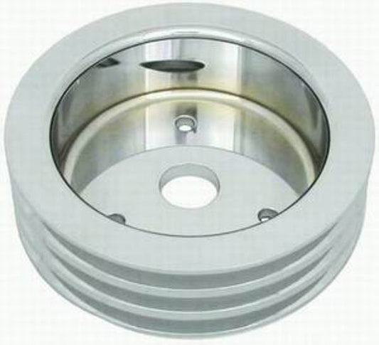 Polished Aluminium Crankshaft Lower Pulley, Triple Groove, 6.60" Dia, 1.75" Bolt Circle
Fits 1955-68 S/B Chev with Short Water