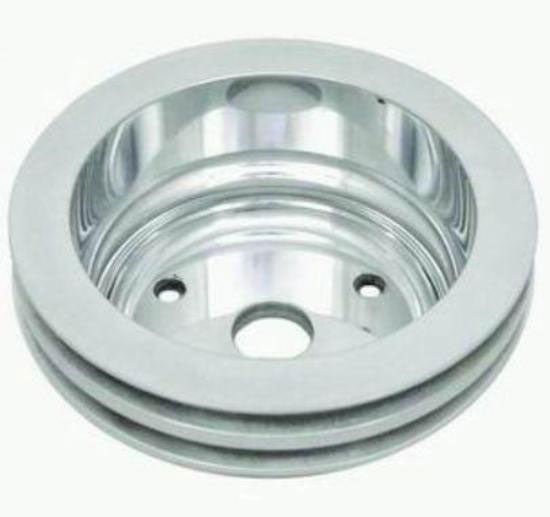 Polished Aluminium Crankshaft Pulley, Double Groove, 6.60" Dia, 2.30" Bolt Circle  Fits 1969-85 S/B Chev 283-350 with Long Water Pump