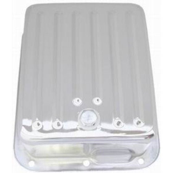 Chrome Steel Transmission Pan, Finned Style (3-1/2" Deeper than Stock)
Fits Ford C-4 Transmission, Drain Plug Included