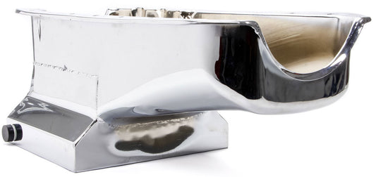 Chrome Steel Drag Race Oil Pan, 8-1/4" Deep with 1 Trap Door (Passenger dipstick)
Fits 1955-79 S/B Chev 283-350