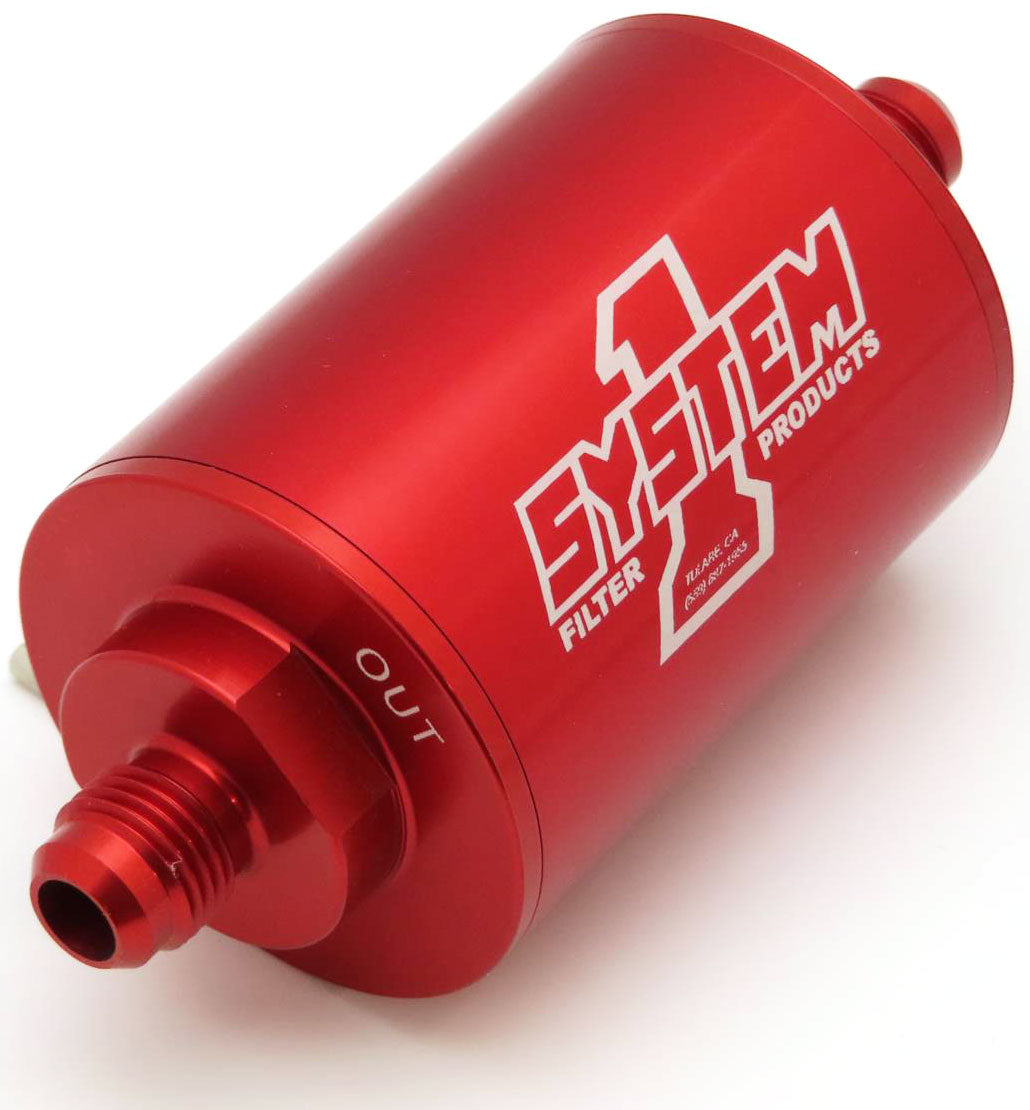 Pro Street Billet In-Line Fuel Filter Red Anodized  2" O.D x 4-1/2" Long 3/8" Barb Ends. 35 Micron