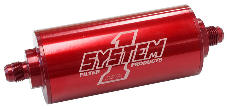 Medium Billet In-Line Fuel Filter Red Anodized  2" O.D x 6" Long -6AN Ends. 30 Micron