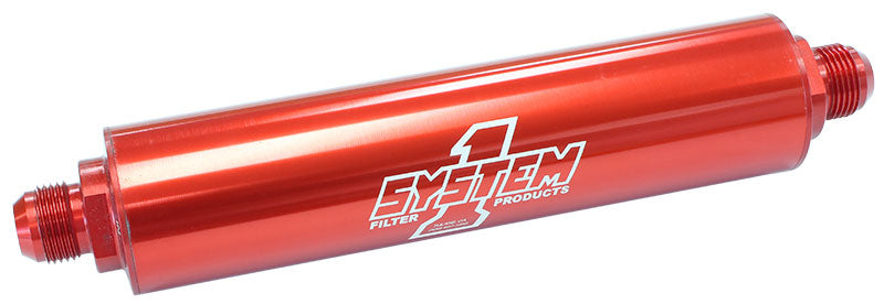 Extra Long Billet In-Line Fuel Filter Red Anodized  2-1/4" O.D x 11" Long -12AN Ends. 30 Micron