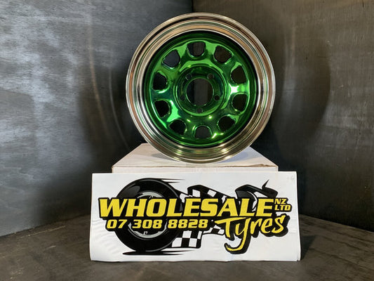 WHEEL STEEL 15" X 7" FORD 5 STUD X 114.3 GREEN CHROME
